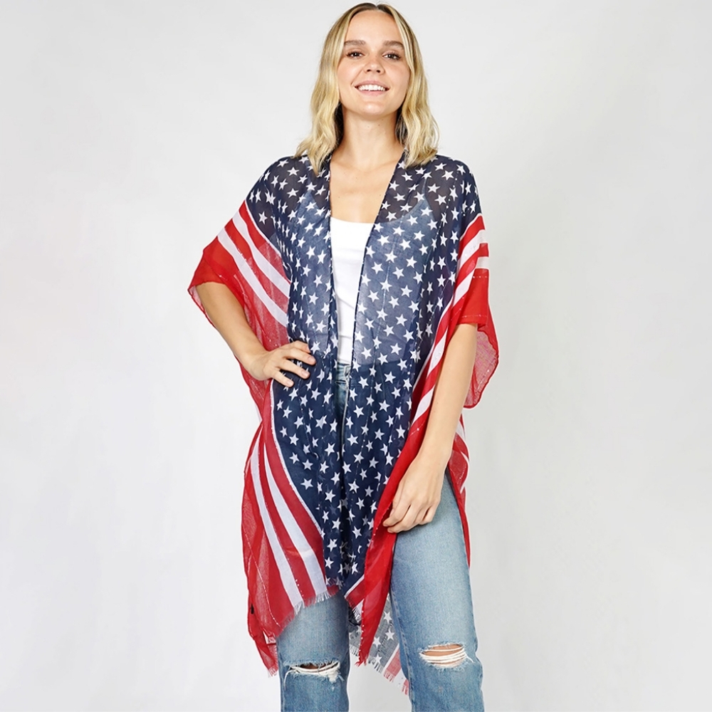 Red White Blue Stars Stripe USA Flag Patterned Kimono Poncho Statement Accessory